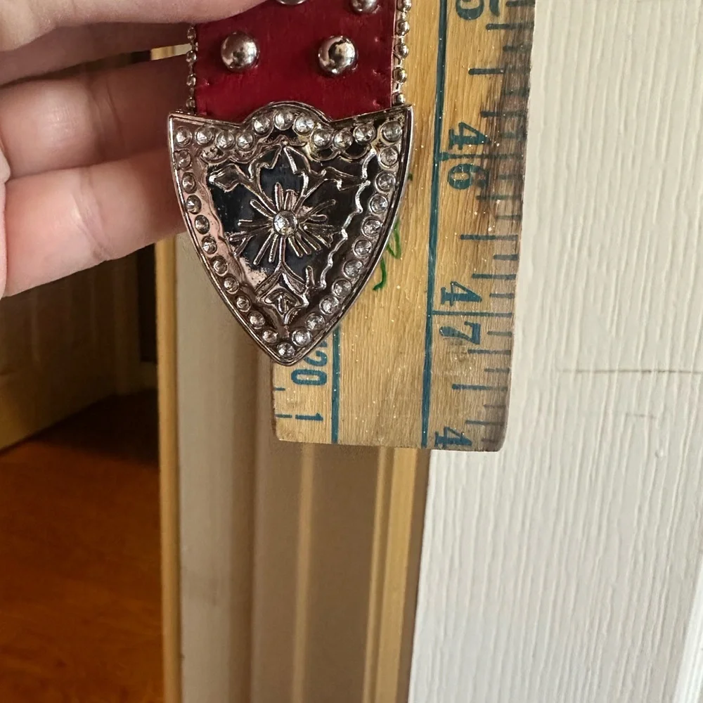 Elegant Red Studded Belt with Ornate Silver Buckle NWT